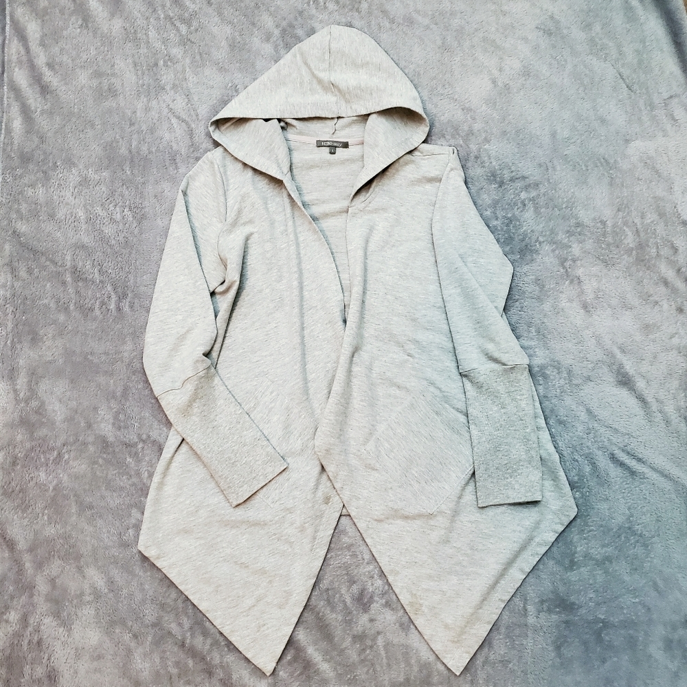 Retro-Ology Gray Open Front Waterfall Collar Long Sleeve Hooded Cardigan